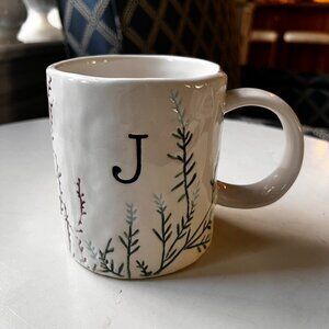 Anthropologie Dagne Monogram "J" Initial Mug Pressed Botanical Flower